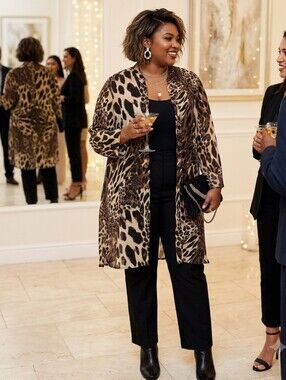 Vanity Fair🐆Brown/Cream SHEER Animal-Print Tunic FULL BUTTONS3/4 Sleeves SzL/XL